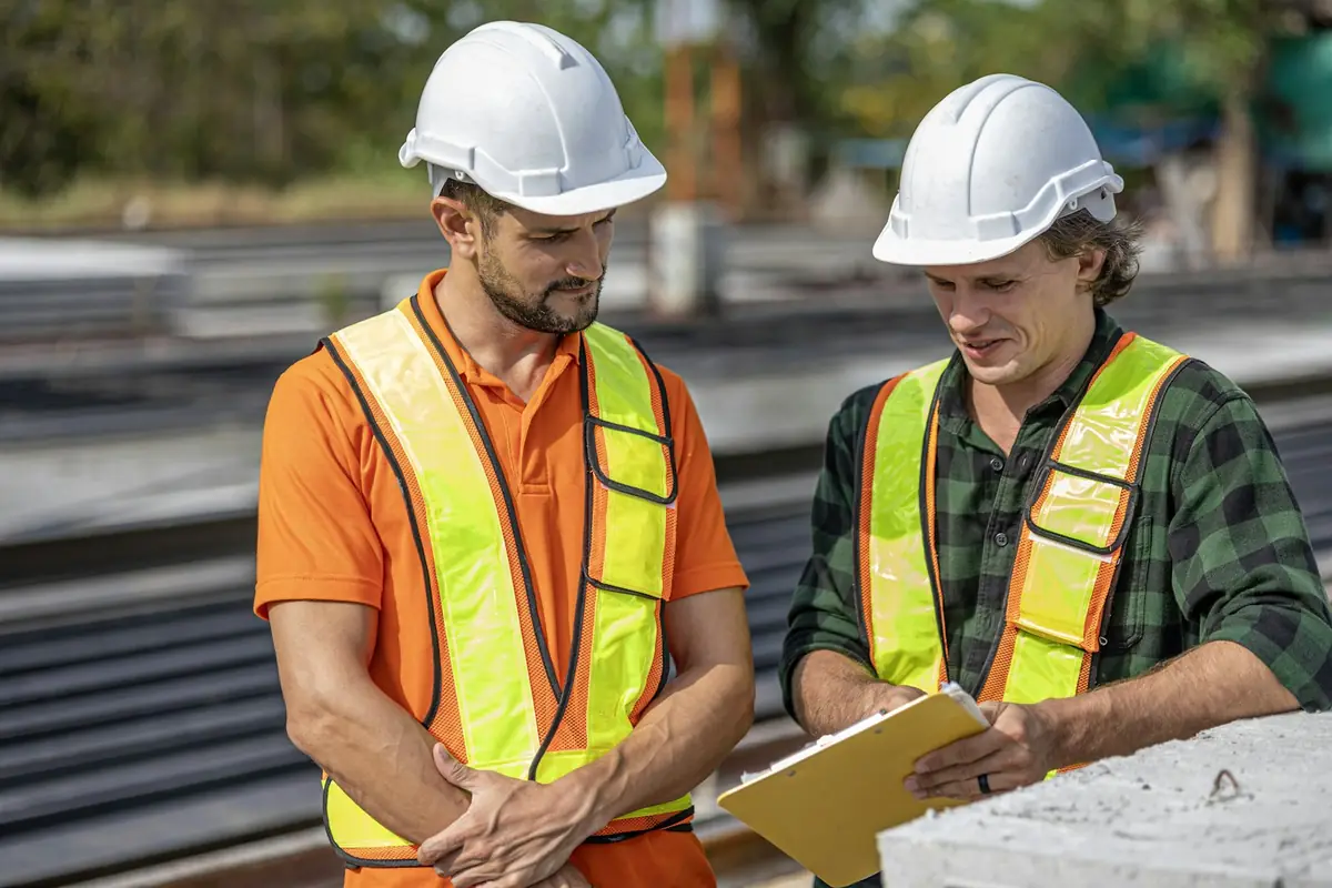 Deux responsables de chantier en gilets haute visibilité